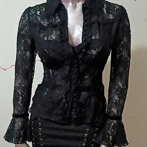 bebe Black Lace Button-Up Blouse